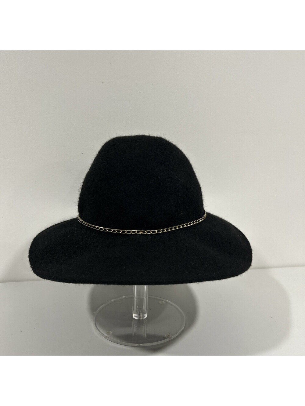 Nordstrom Black Wool Felt Wide Brim Hat Gold Tone Chain Band